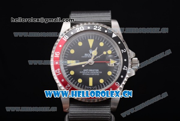 Rolex GMT-Master Asia 2813 Automatic Steel Case with Black Dial Grey Nylon Strap and Yellow Markers - Click Image to Close